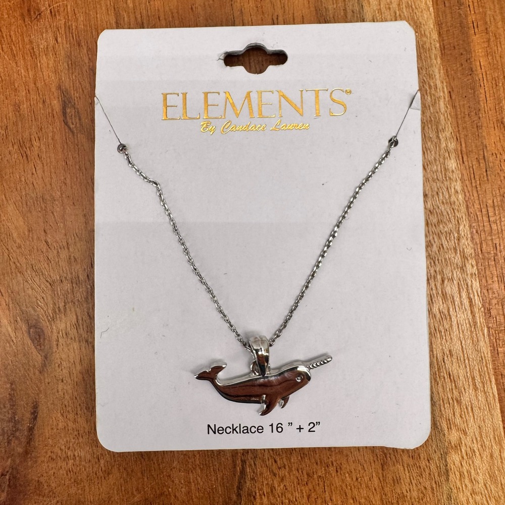 Elements by Candace Lauren Narwhal Pendant Necklace Silver Tone 16in NWT New